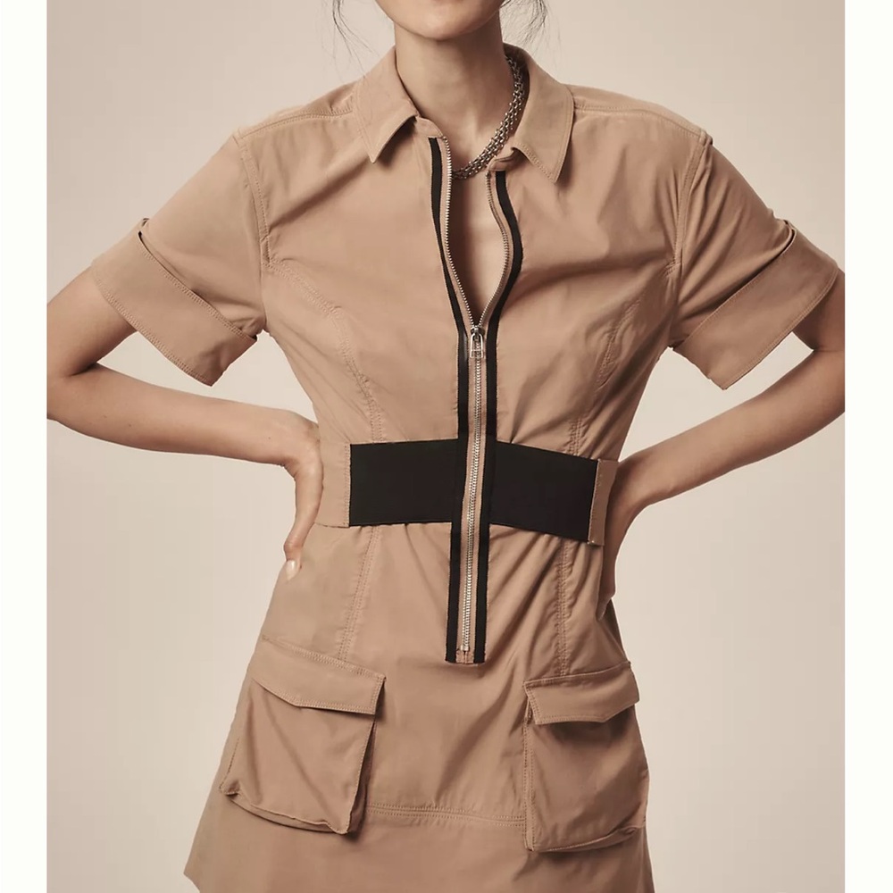 Maeve tan with black accents, Short Sleeve V-neck mini dress - size large - Picture 3 of 8
